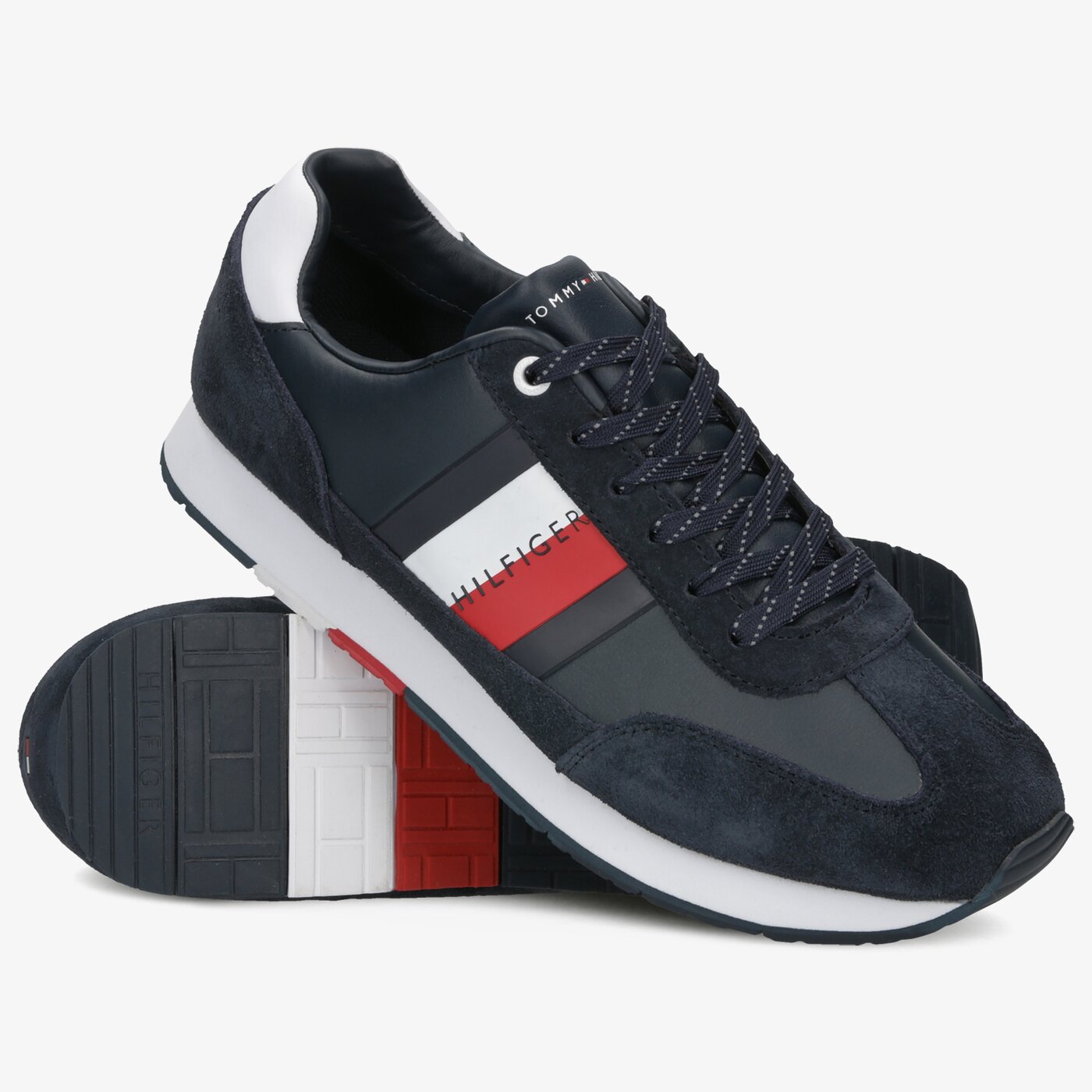 Męskie sneakersy (buty) TOMMY HILFIGER CORPORATE LEATHER FLAG RUNNER fm0fm02380403 kolor granatowy