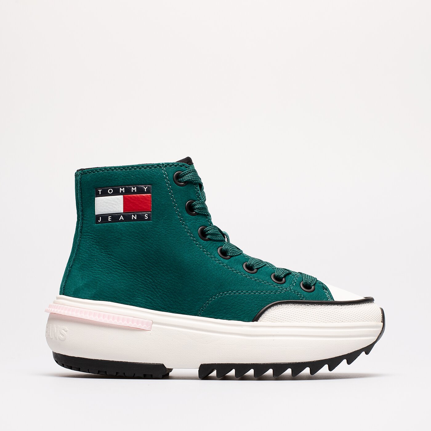Damskie sneakersy (buty) TOMMY HILFIGER TOMMY JEANS NUBUK MID RUN CLEAT en0en01982l6o kolor zielony