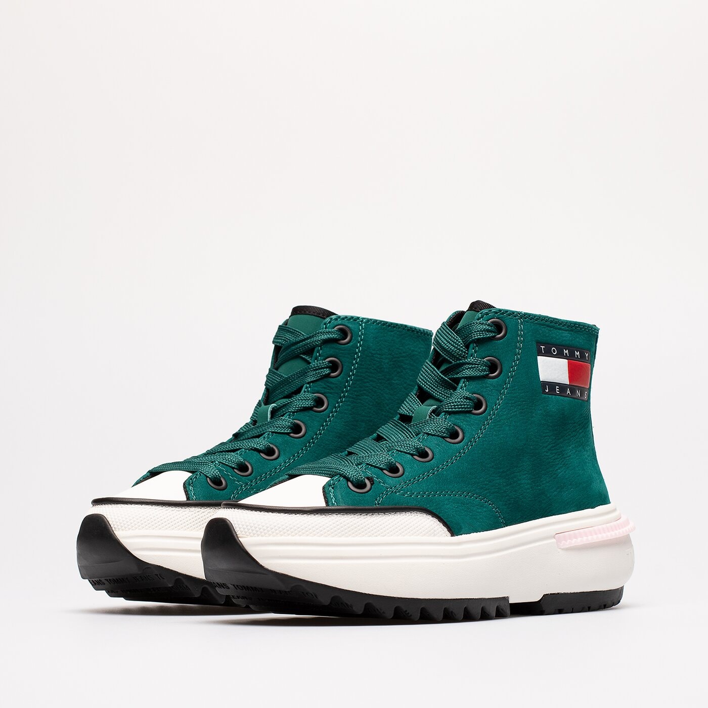 Damskie sneakersy (buty) TOMMY HILFIGER TOMMY JEANS NUBUK MID RUN CLEAT en0en01982l6o kolor zielony