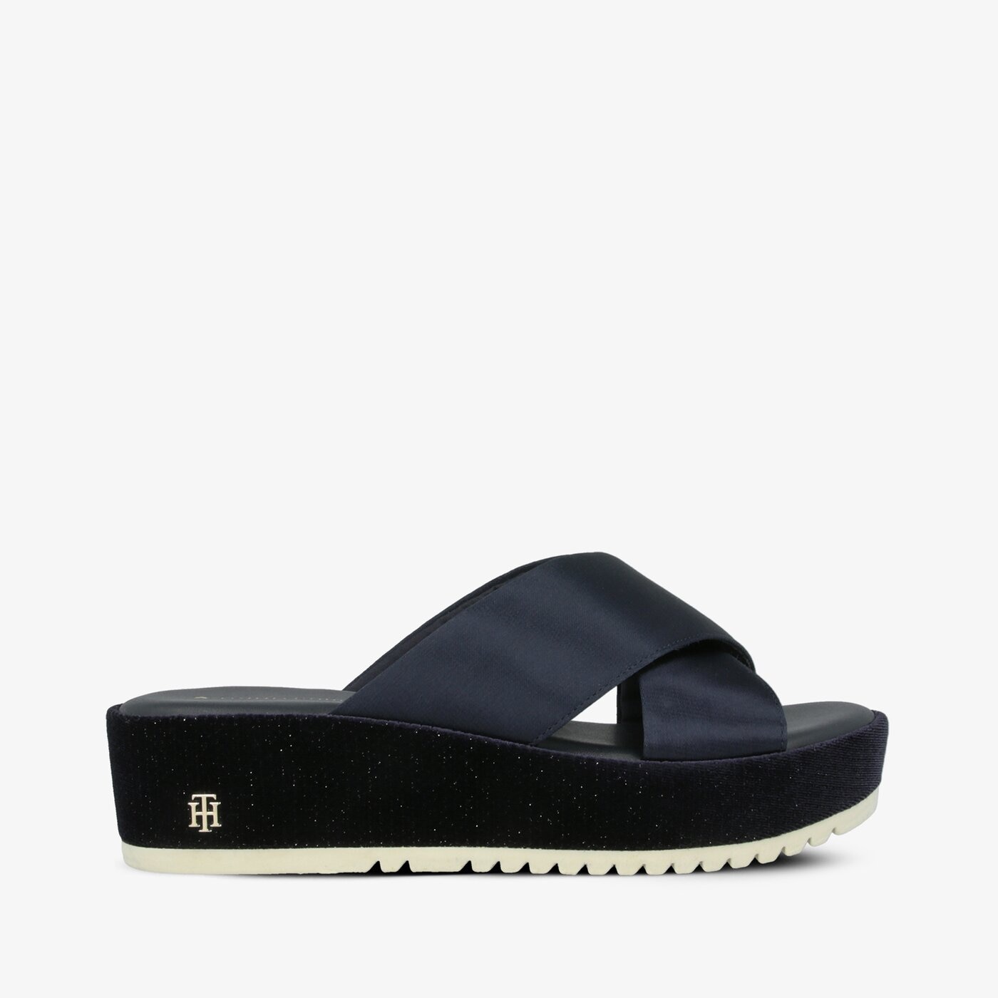 Damskie klapki TOMMY HILFIGER INT JEMILIA 4D SATIN ELEVATED MULE SANDAL fw0fw03842403 kolor granatowy