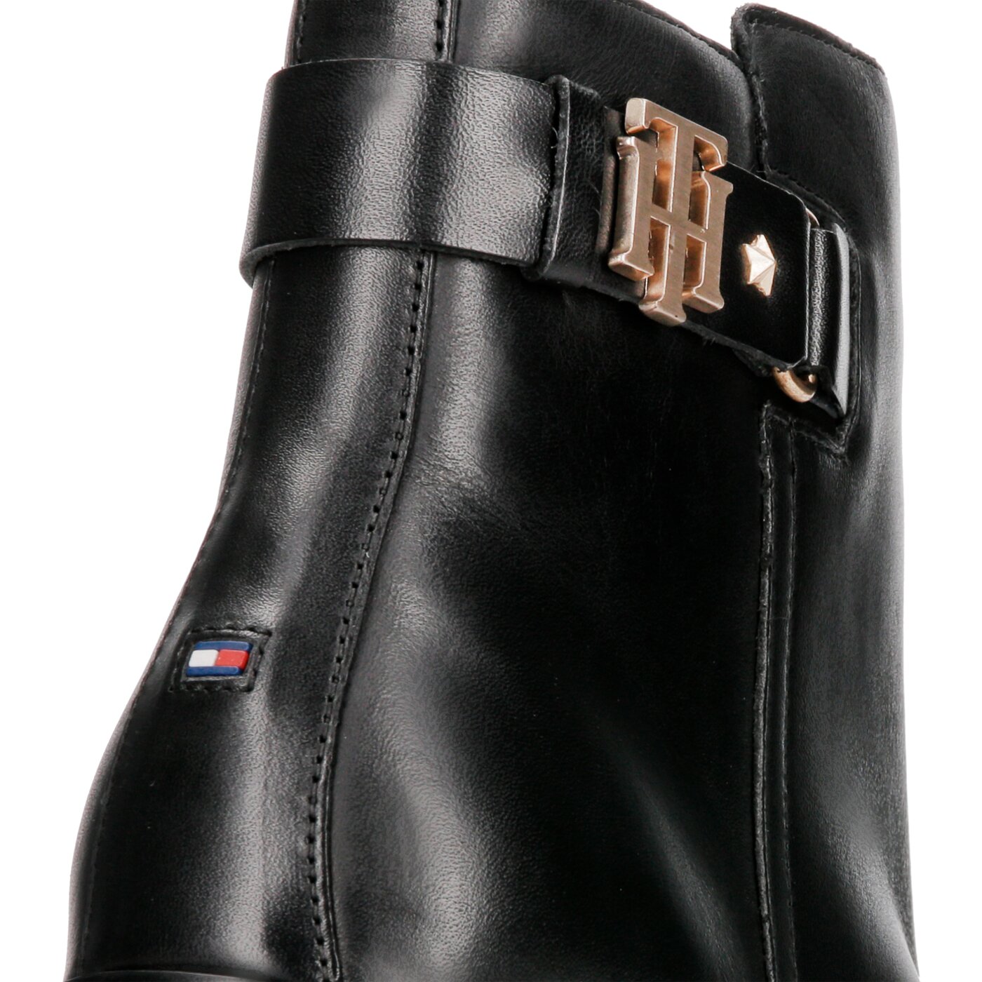 tommy hilfiger th buckle mid heel boot leather