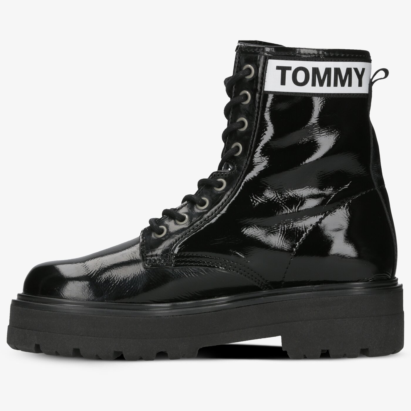 Damskie botki / sztyblety TOMMY HILFIGER PATENT LEATHER FLATFORM BOOT en0en00700bds kolor czarny