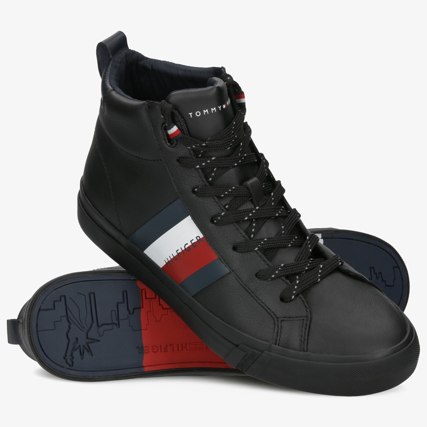 Męskie trampki TOMMY HILFIGER FLAG DETAIL LEATHER SNEAKER HIGH fm0fm02371990 kolor czarny