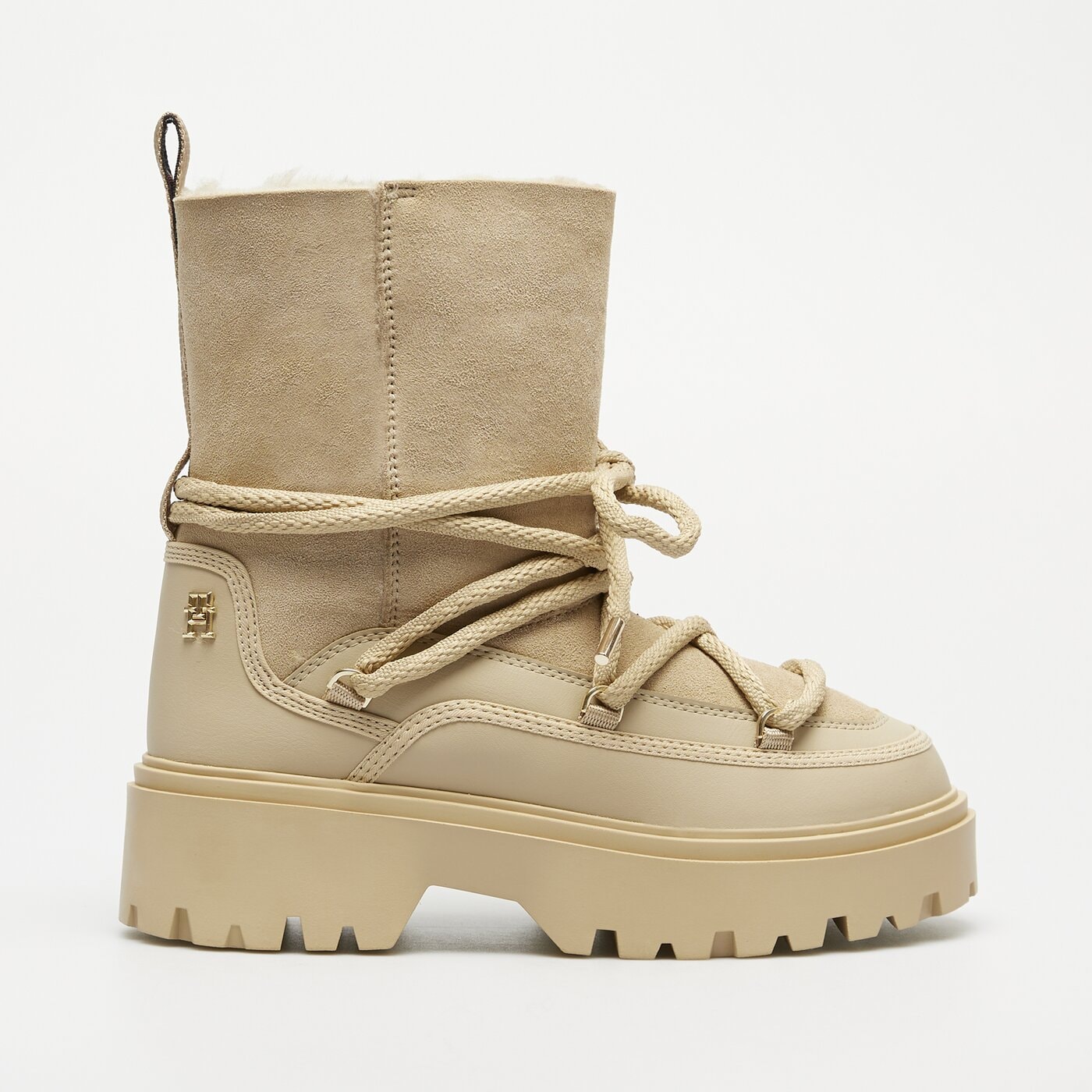 Damskie śniegowce TOMMY HILFIGER REAL SHEARLING LACE-UP fw0fw08085aeg kolor beżowy